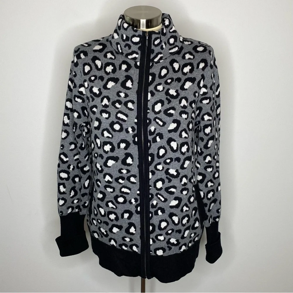 Rachel Zoe Grey and Black Leopard Full Zip Front Sweater Cardigan